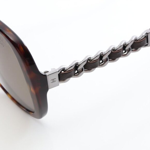 Chanel Sunglasses Chain Logo Brown Leather Plastic